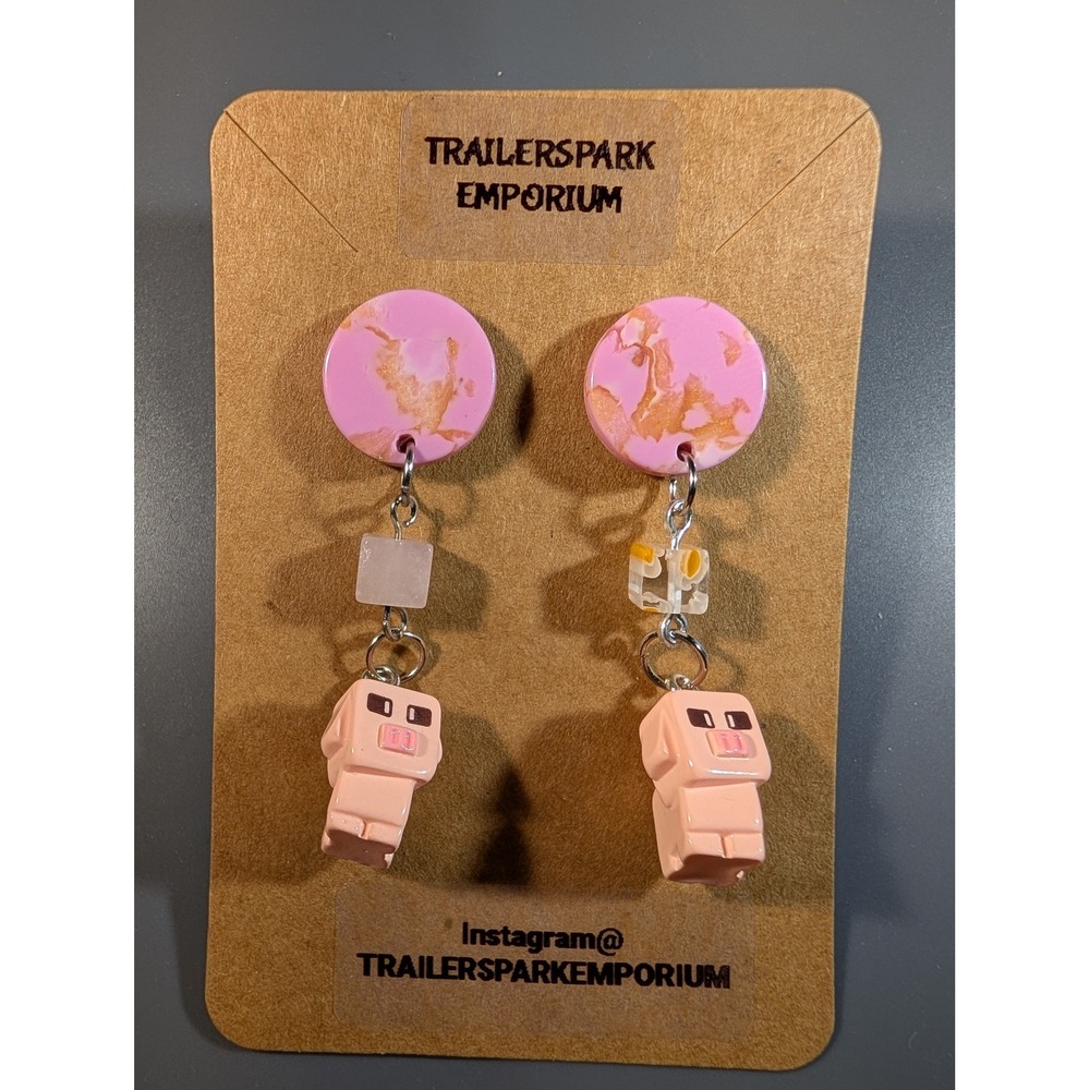 Trailerspark Emporium Pixel Pig Drop Earrings Pink Marbled Clay Nickel Free